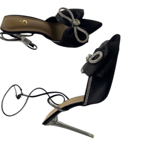 NEW Black High Heel Shoes Ankle Strap Crystal Rhinestone Bow Pumps Pointy 4” NWT - Picture 4 of 7